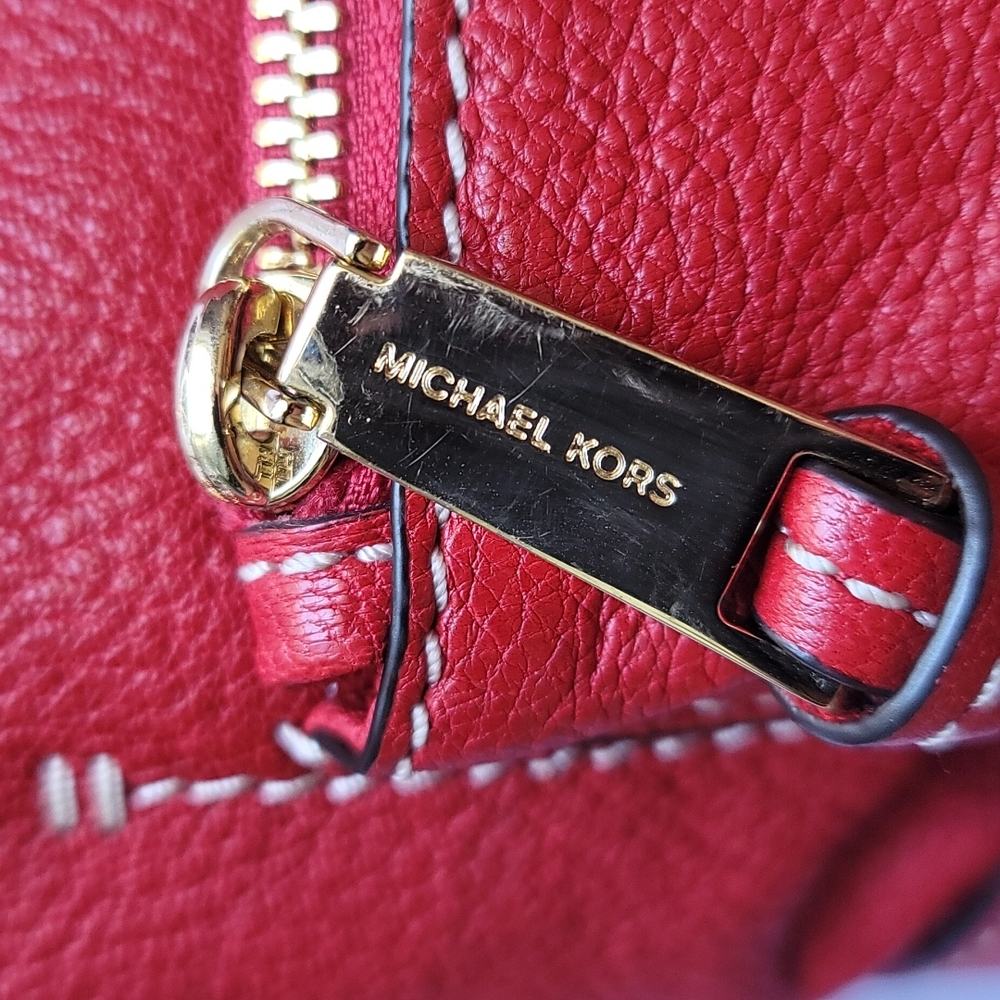 Red Leather Michael Kors Shoulder Handbag Purse Zipper Closure - Picture 8 of 16